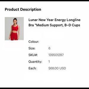 Lululemon Lunar New Year Energy Longline Bra, B-D Cups - Dark Red Size 6